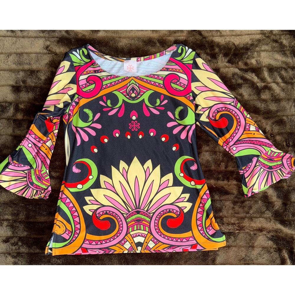 Parisou XS Bold Pattern Trumpet Sleeve Smooth Stretch‎ Knit Top PRISTINE!